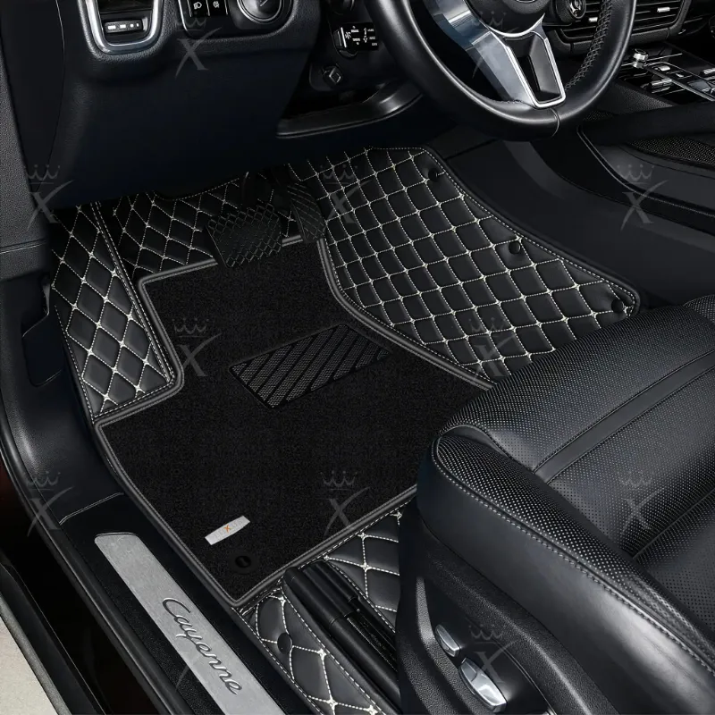 Luxus Car Mats Double Layer Series floor mat with black base, beige stitching, and black top carpet