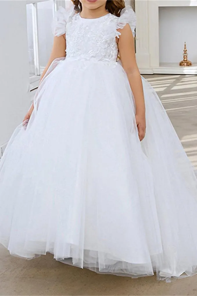 Wehilion Lace Applique Tulle Flower Girl Dress for Wedding Princess Pageant Party Gown with full tulle skirt and lace bodice