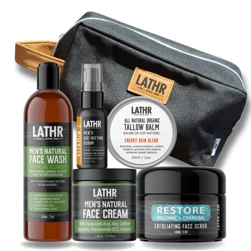 LATHR Alpha Essentials Kit with six natural grooming products and carry bag