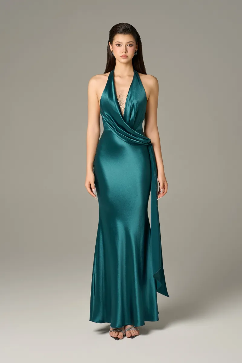 Kalisa dark mallard drape detail wrap silk maxi dress