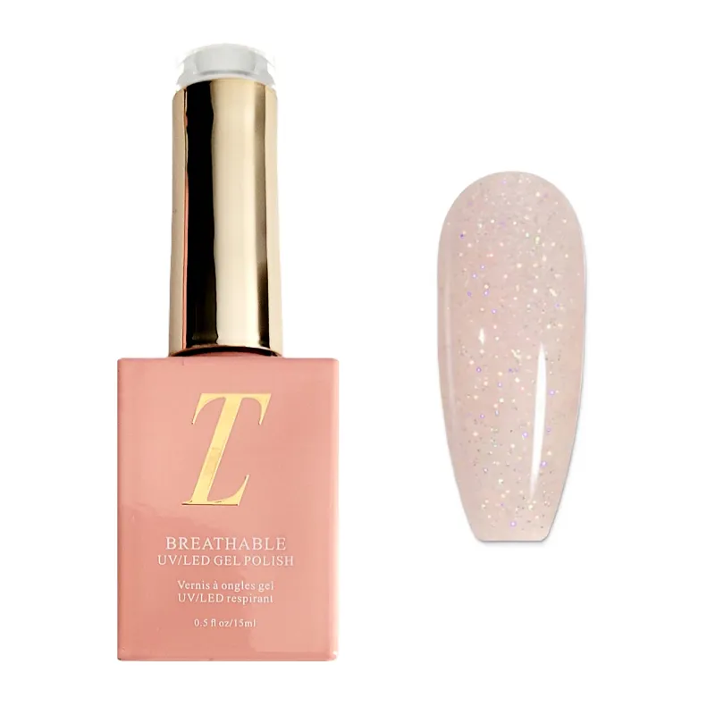 Tuesday in Love Infatuation halal UV gel nail polish in nude pearl with gold shimmer