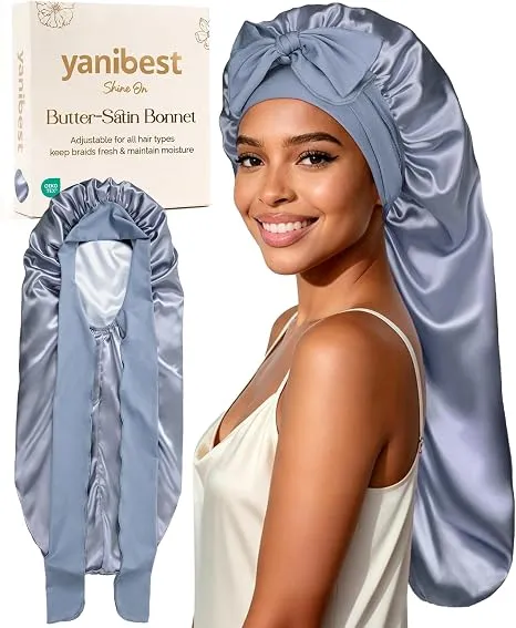 Yanibest Silk Butter Satin Bonnet in blue, extra long adjustable style