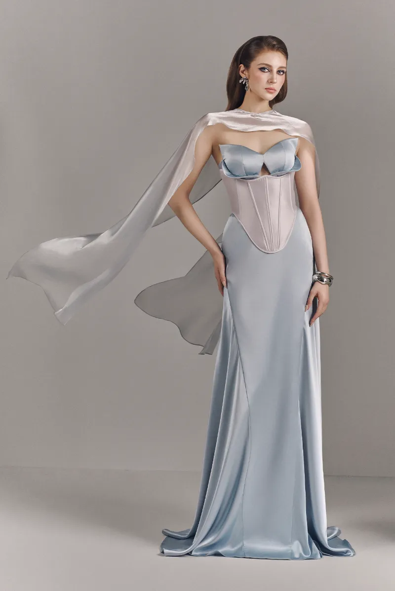 Kalisa Elaria Bandeau Corset Maxi Dress With Neck Scarf, full-length front view