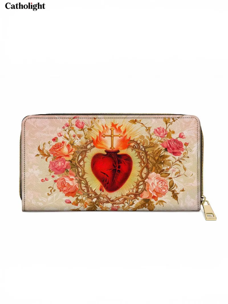 Catholight Sacred Heart of Grace Leather Wallet Purse with Sacred Heart surrounded by roses and gold accents