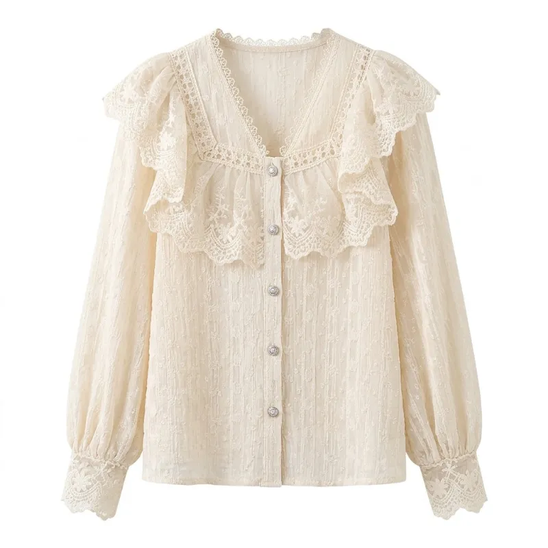 Cottagecore Clothes Cottagecore Ruffle Blouse in cream with oversized lace collar and bishop sleeves