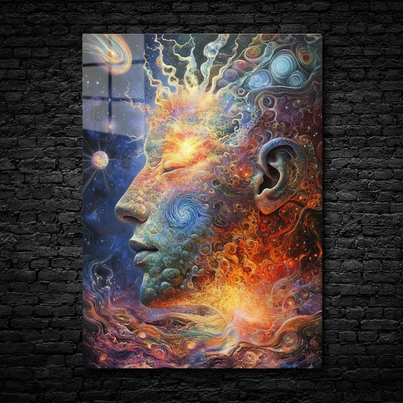 CruArt Cosmic Consciousness Metal Print with face composed of swirling galaxies and nebula patterns