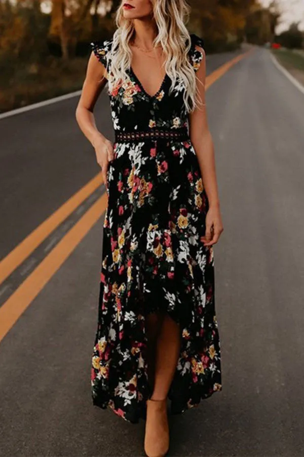 Mislish Backless Floral Print High Low Dress in black with V neckline