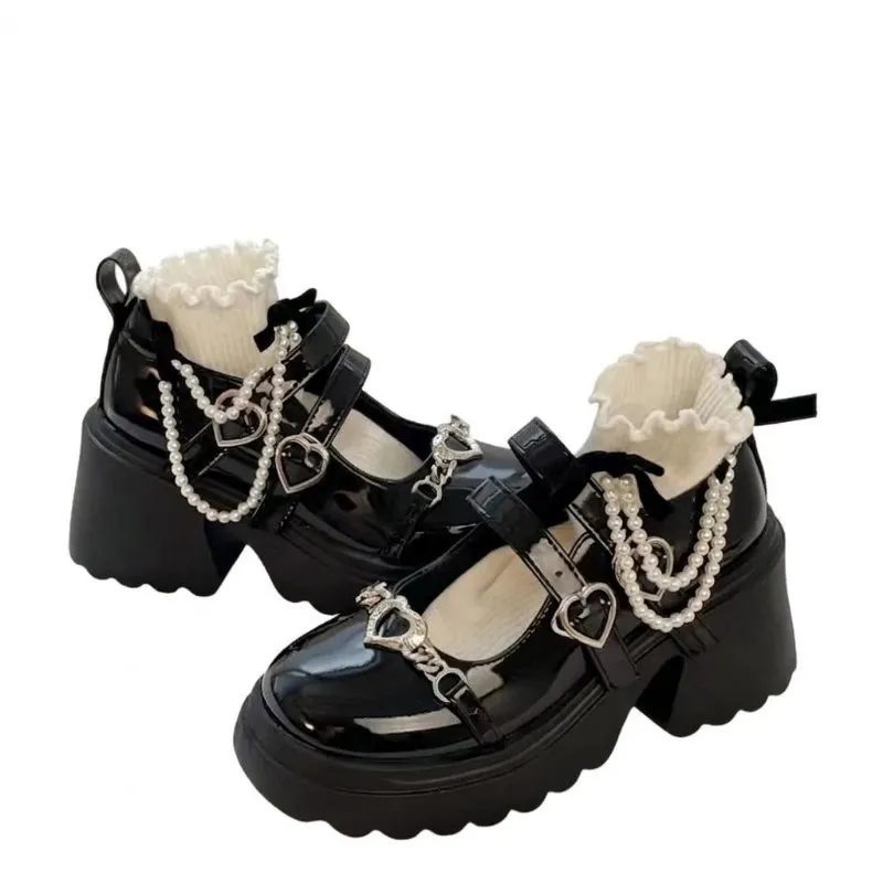 Shoptery Jirai Kei Pearl Chain Heart Buckle Patent Platform Mary Janes with heart hardware and lace-up closure
