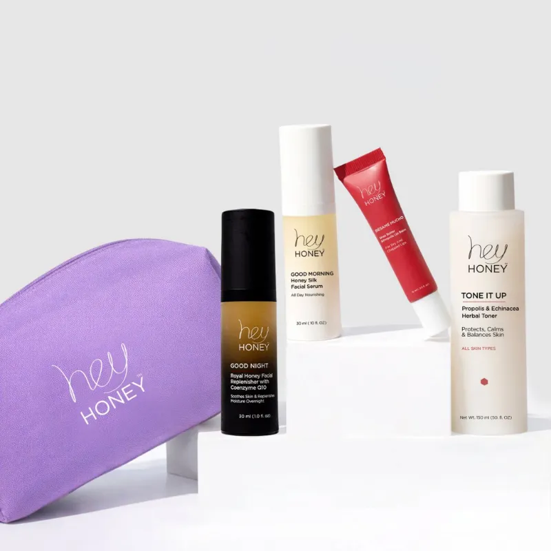 Hey Honey The Exclusive Bestsellers Set showing four full-size skincare products together