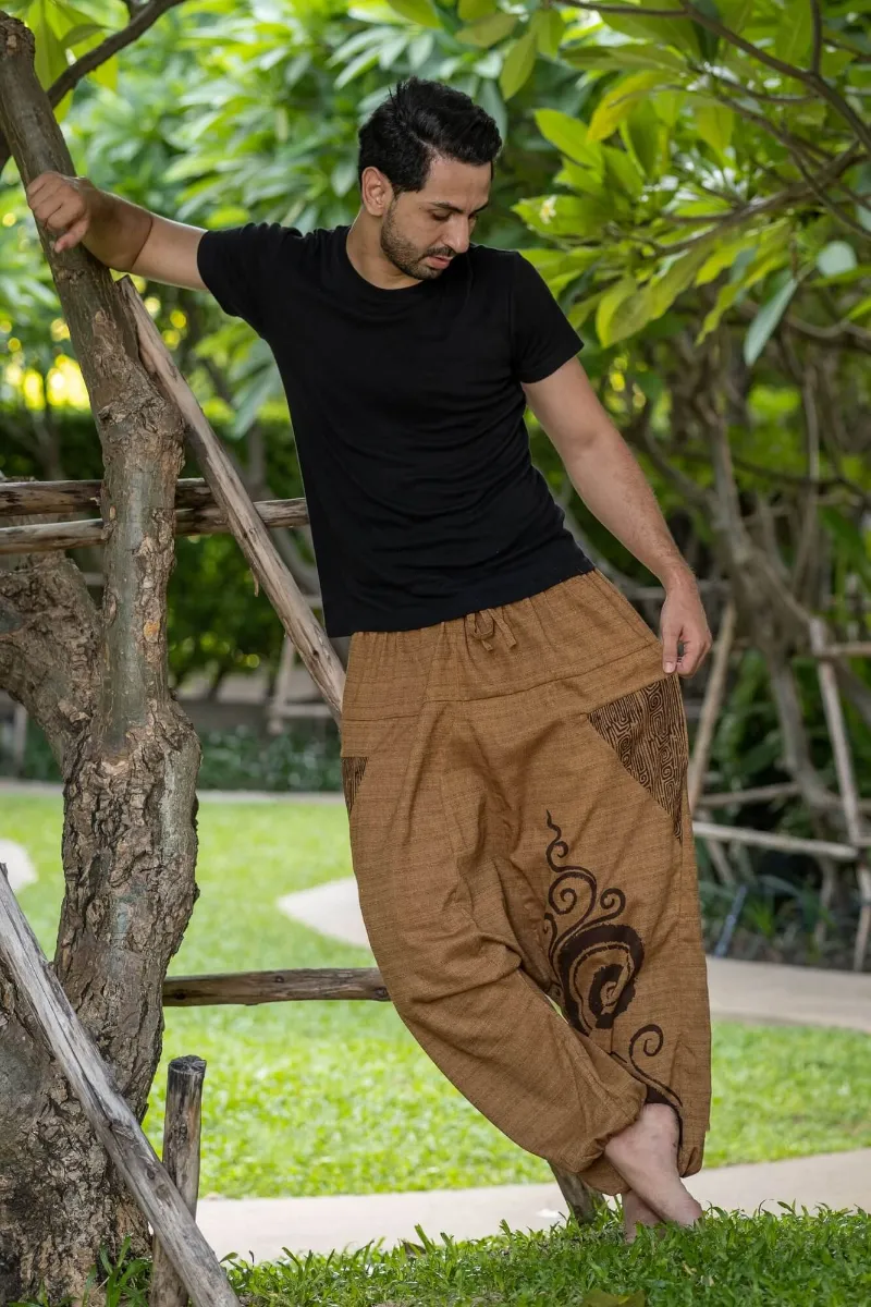 Hippie Pants Beige Tribal Pants, beige cotton pants with asymmetric tribal swirl patterns