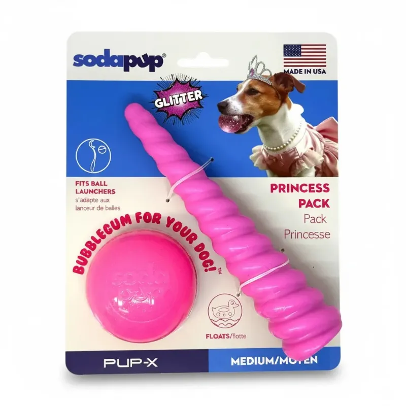 Soda Pup Princess Pack 2-Pack Dog Toy, pink glitter ball and unicorn horn nylon chew toy