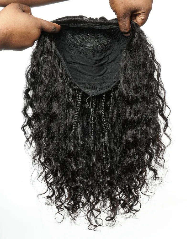 Jaliza Braided Half Wig with Human Hair Boho Curls showing 65-strand braids and thick curl volume