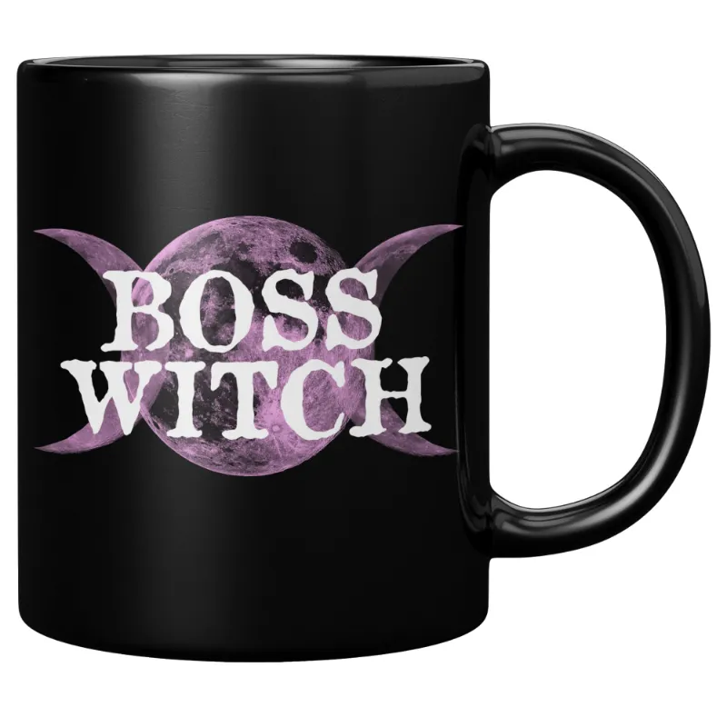 Spirit Nest Boss Witch 11oz Black Mug with glossy finish and text design