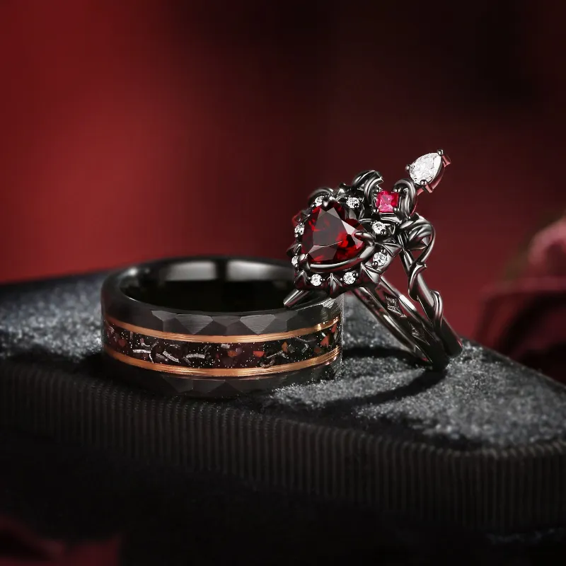 Starlandus 'Cupid's Arrow' Heart Shaped Garnet Sword Ring & Strips Band Couple Ring Set in Black Gold with garnet heart and tungsten band