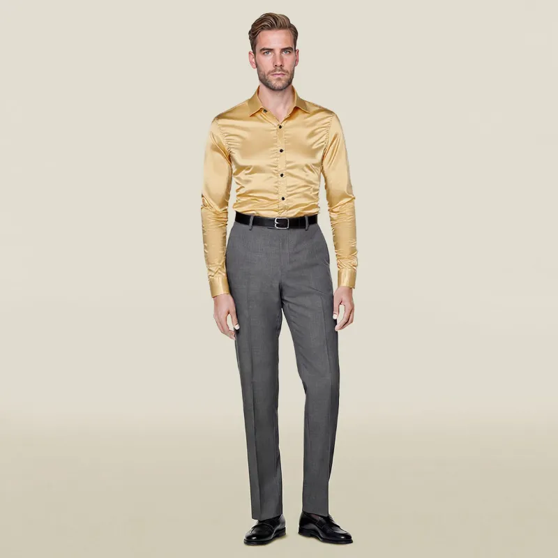 Cloudstyle Casual Fashion Shiny Long Sleeve Lapel Shirt in gold, front button-closure view
