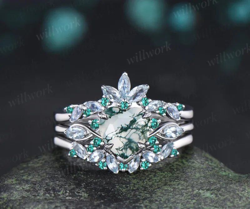 WillWork Jewelry 2ct heart green moss agate engagement ring in white gold with aquamarine accents