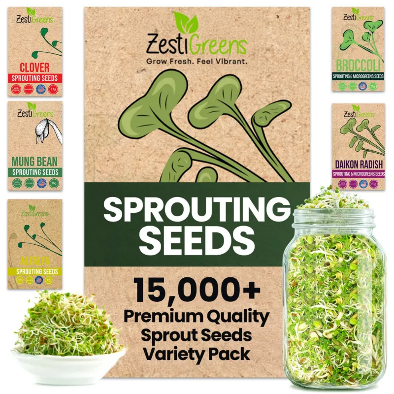 ZestiGreens Organic 5 Variety Pack of Fresh Sprouting Seeds with five seed packets