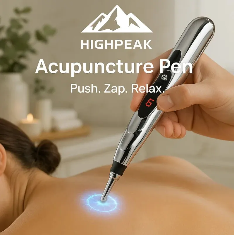HighPeak Acupuncture Pen, a cordless electronic massage pen with five heads shown on a neutral background