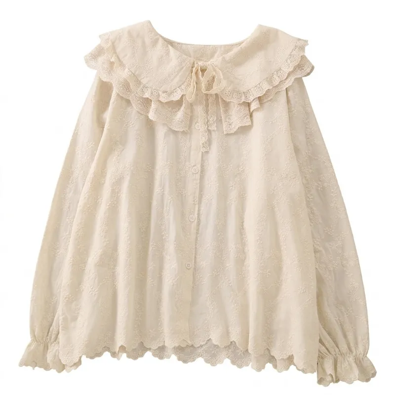 Cottagecore Clothes Cottagecore Lace Embroidery Blouse with peter pan collar and ribbon tie