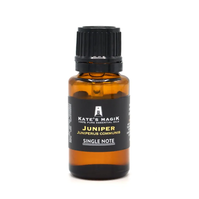 Kates Magik Juniper Berry essential oil bottle with steam distilled berries from India