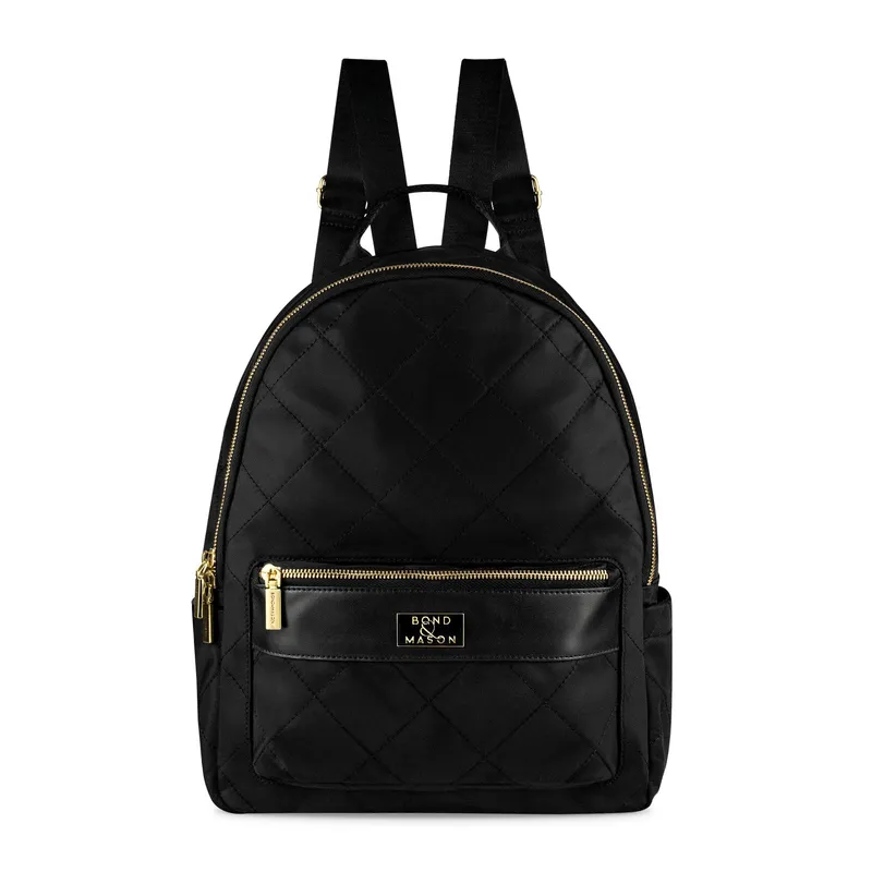 Bond & Mason The Nero Backpack showing a vegan leather backpack with nylon exterior