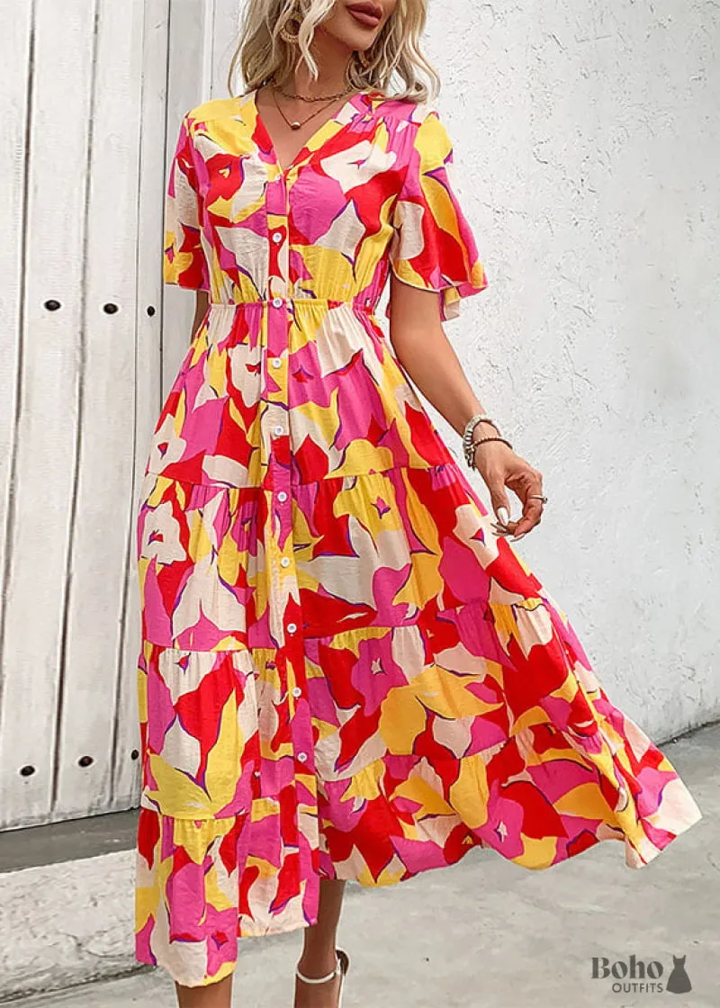 Boho Dress 2024 New V-neck Printed Cardigan Dress, a mid-length dress with V-neck, ruffle sleeves, and boho print