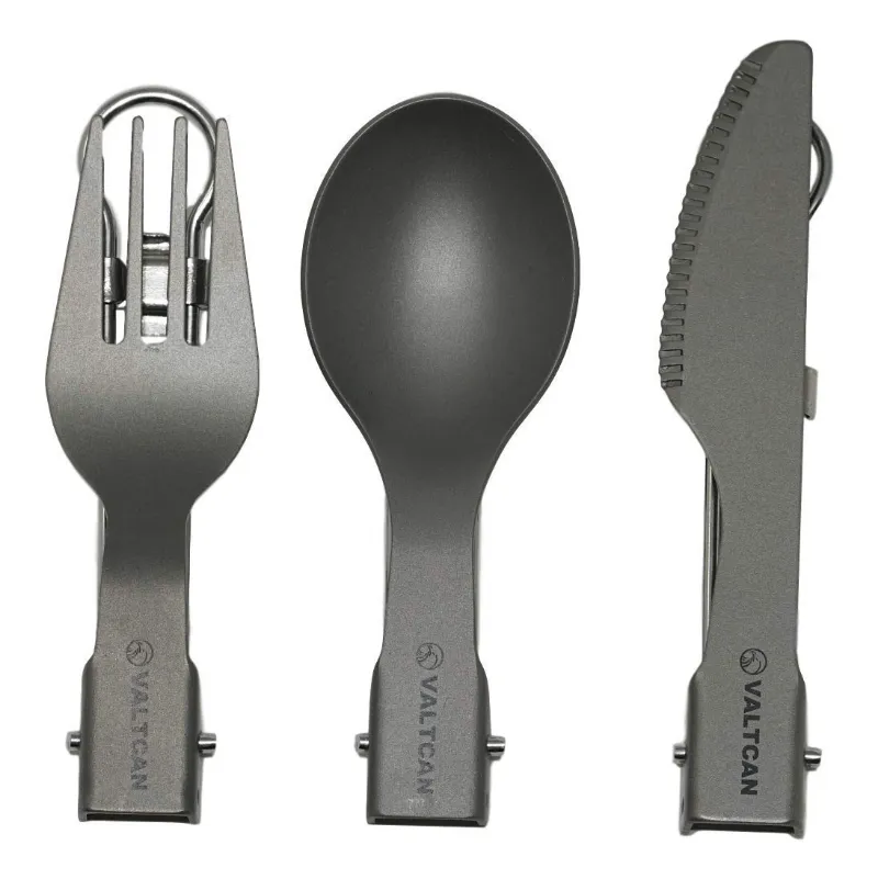Valtcan Titanium Folding Cutlery Set, fork knife spoon shown both folded and deployed