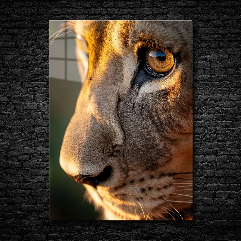 CruArt Gaze of the Wild Metal Print showing intense close-up of lioness eye with golden light