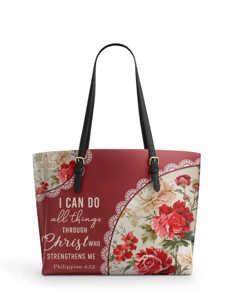 Catholight Blooming With Faith Leather Tote Bag showing a spacious tote with floral sacred art design