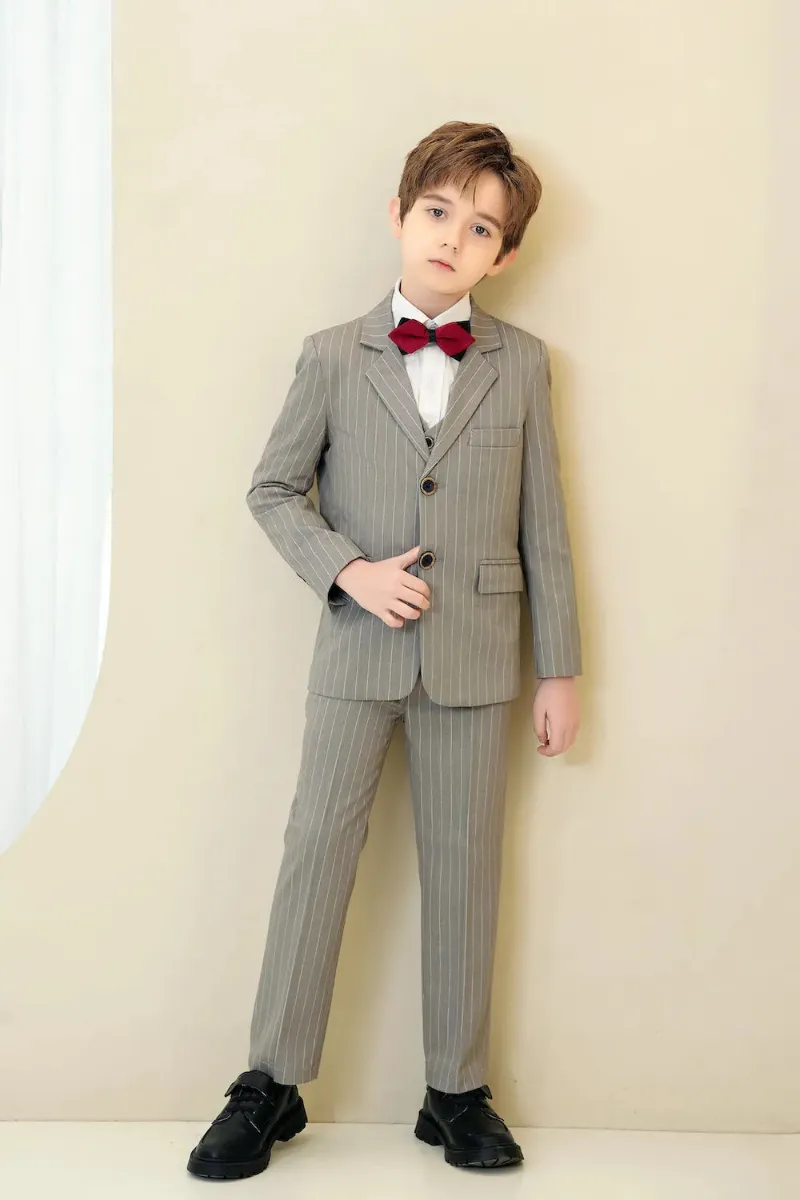 Wehilion Boys Striped Modern Formal 5 Piece Suits, light grey pinstripe jacket, vest, pants, shirt, and tie