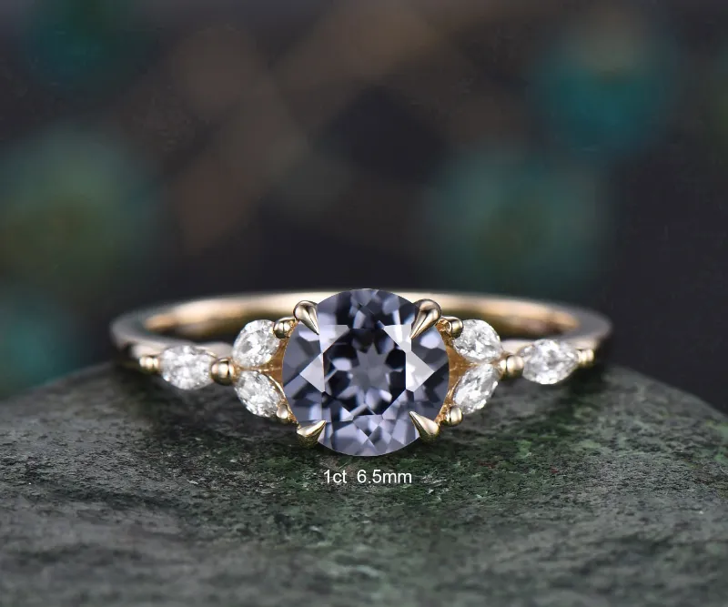 WillWork Jewelry 1ct round cut gray spinel ring vintage unique engagement ring solid 14k yellow gold cluster marquise diamond promise weddin