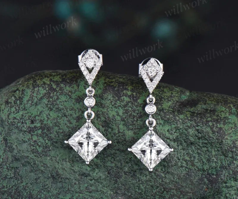 WillWork Jewelry 1ct princess cut moissanite earrings women solid 14k white gold bezel kite halo diamond drop earrings anniversary gift