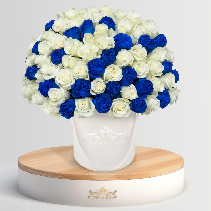 Flower Boom Dallas Endless Purity Blue And White Roses arrangement with pearl ribbon