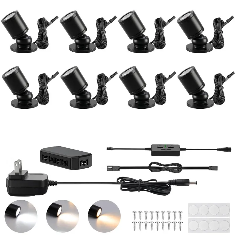 AIBOO Dimmable LED Mini Spotlight 8 pack with CCT slider dimmer, rotating heads, and surface mount bracket on a display shelf