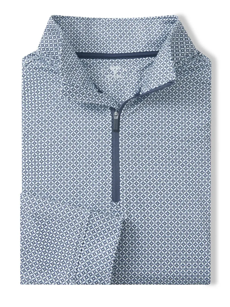 DTWOOO Print Performance Fleece Quarter-Zip in White Navy Interlink pattern with stand-up collar