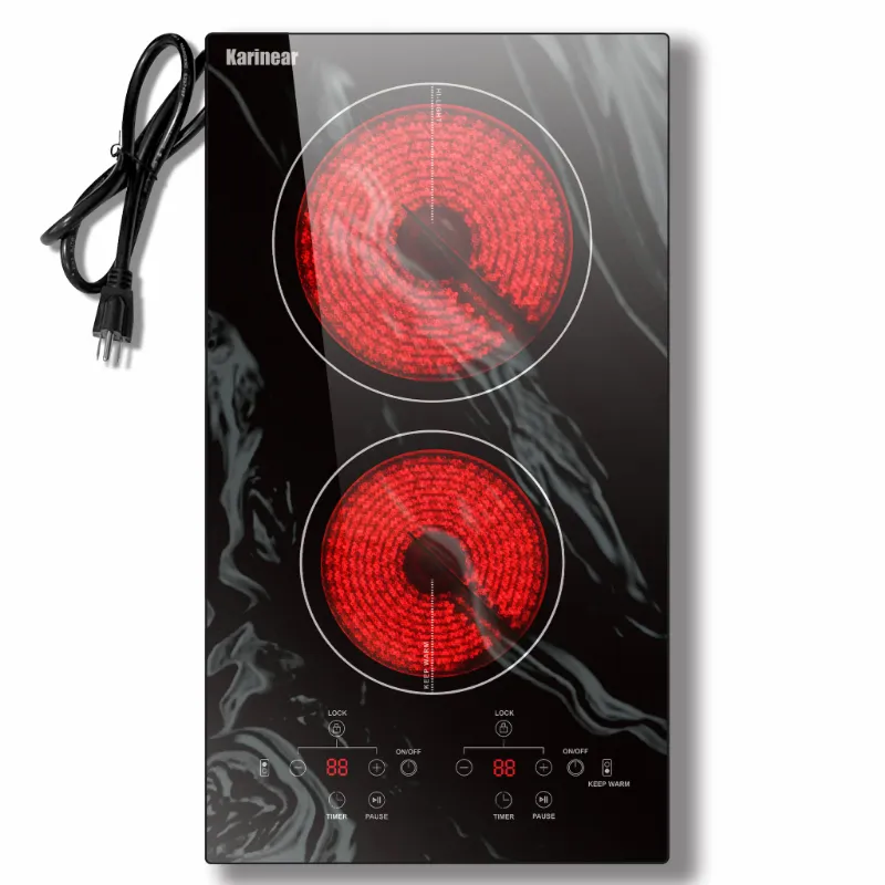 Karinear Appliances 12 Inch 2 Burners Plug in Electric Ceramic Cooktop with wave patterned glass