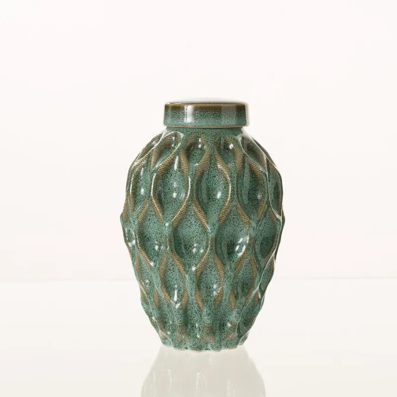 Pulvis Art Urns Cremation Urn Echo 3D Printed Ceramic Urn in Oily Green Melange, medium size with precision-printed design