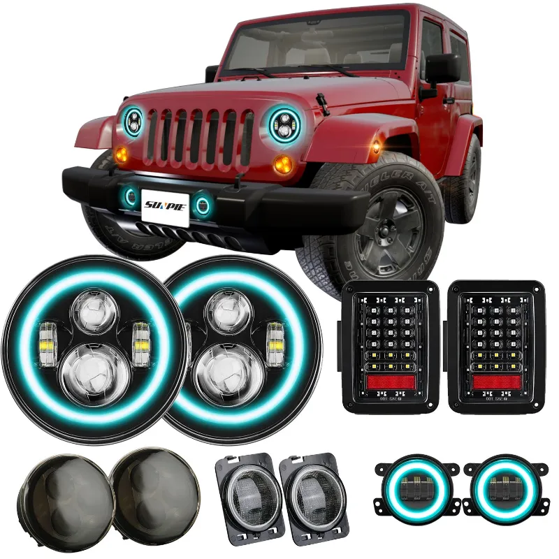 Sunpie LED lights combo kit with RGBW headlights, fog lights, and turn signals for 2007-2018 Jeep Wrangler JK JKU