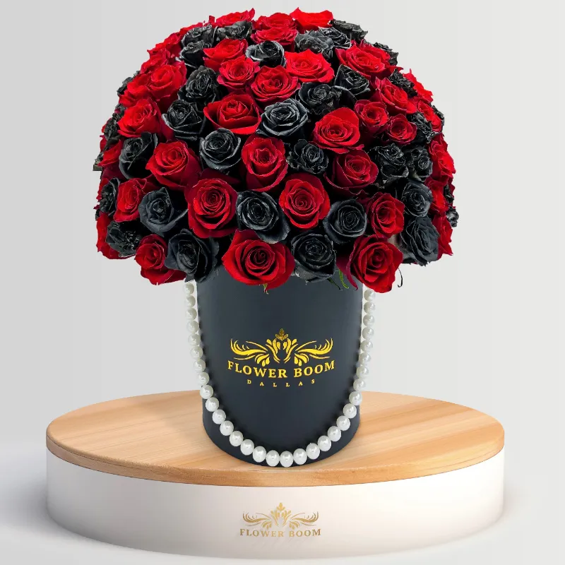 Flower Boom Dallas Mother's Day Gift - The Enthusiast Mom arrangement with red and black roses in a box