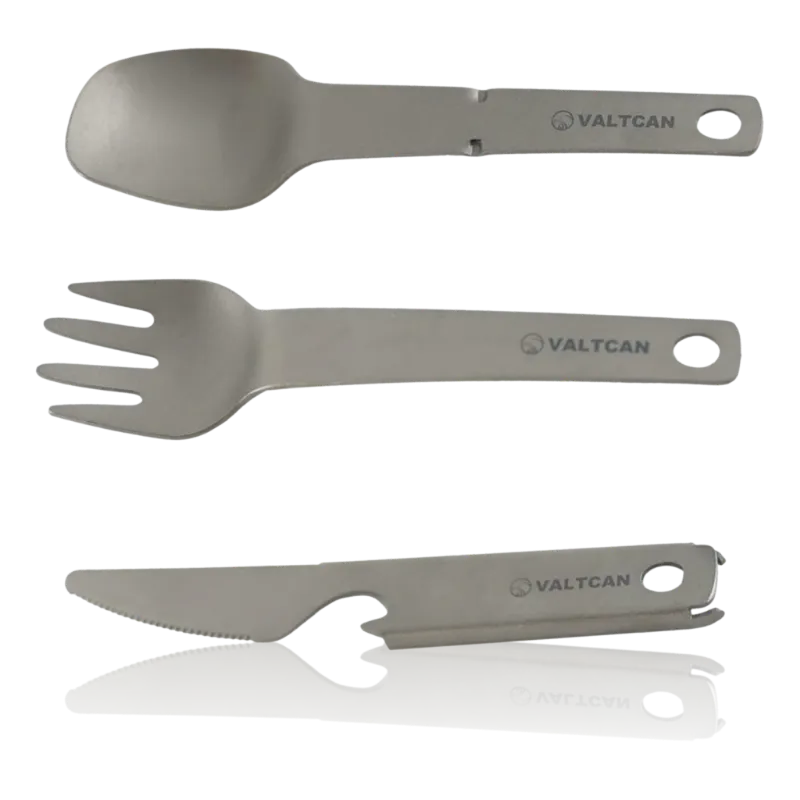 Valtcan Titanium Compact 3 Piece Utensil set with fork, spoon, knife and bottle opener, stacked flat