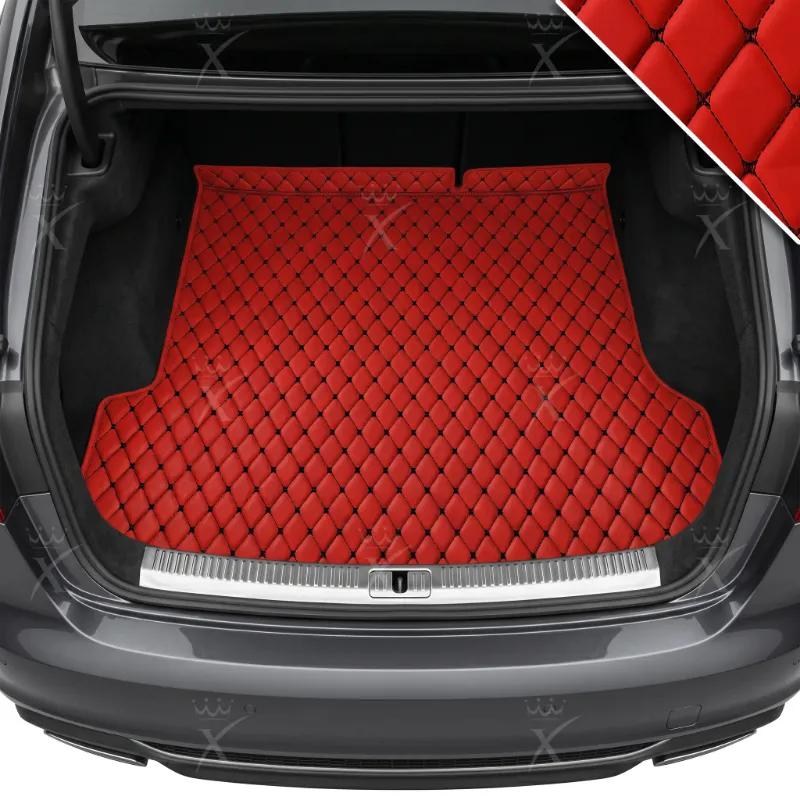Luxus Car Mats Diamond Base Series trunk mat in Ferrari Red with black stitching showing full cargo coverage