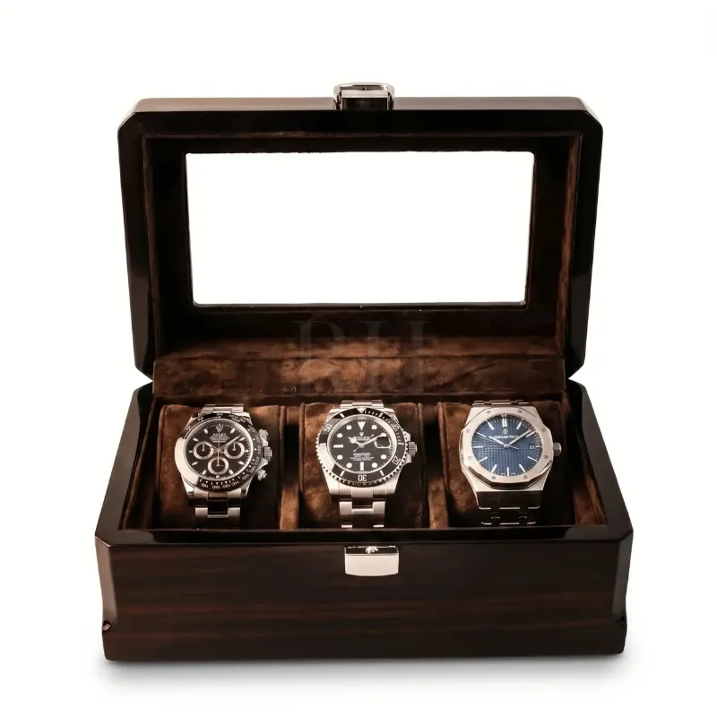 Rotation Horlogère Velar 3 compact wooden watch case with glass lid for 3 watches