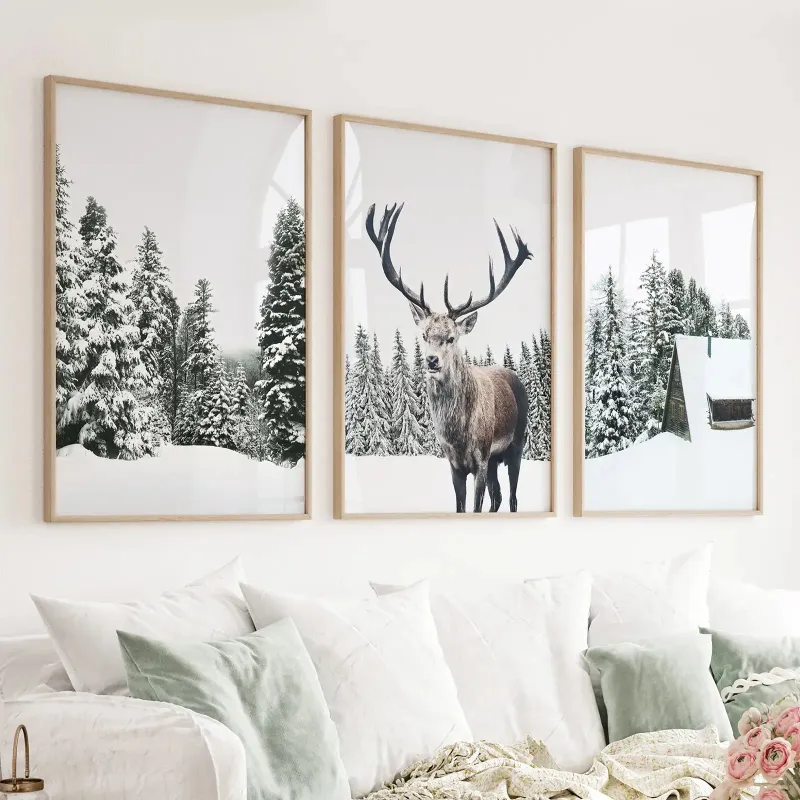 Wall Art Set 3 Piece Christmas Wall Art Forest Log Cabin Reindeer snowy holiday prints