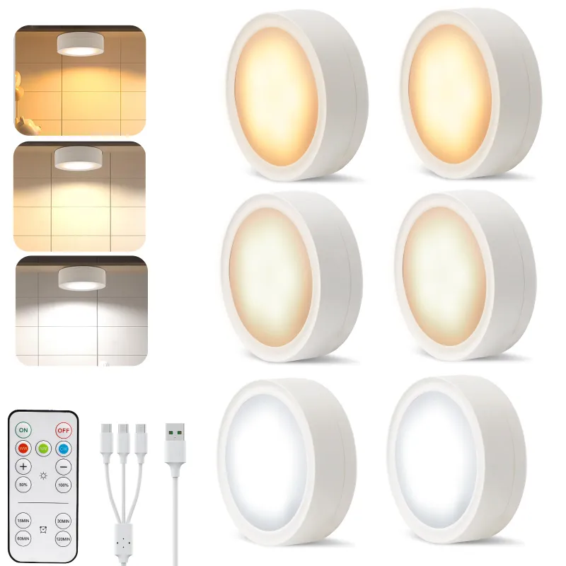 AIBOO Under-Unit Light Kitchen LED Battery Warm White with Wireless Pack of 6 showing rechargeable puck lights for under cabinet lighting