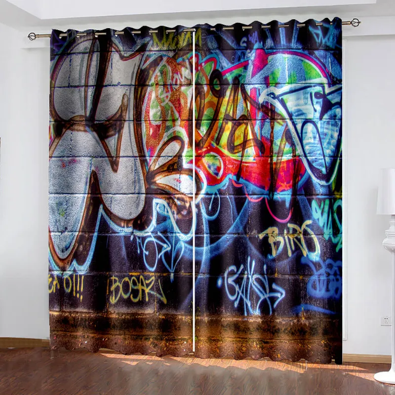 EBuycos 3D Cafe Hip Hop Street Graffiti Curtains Blackout Window Treatments Drapes, full view of two graffiti-printed panels with metal grom