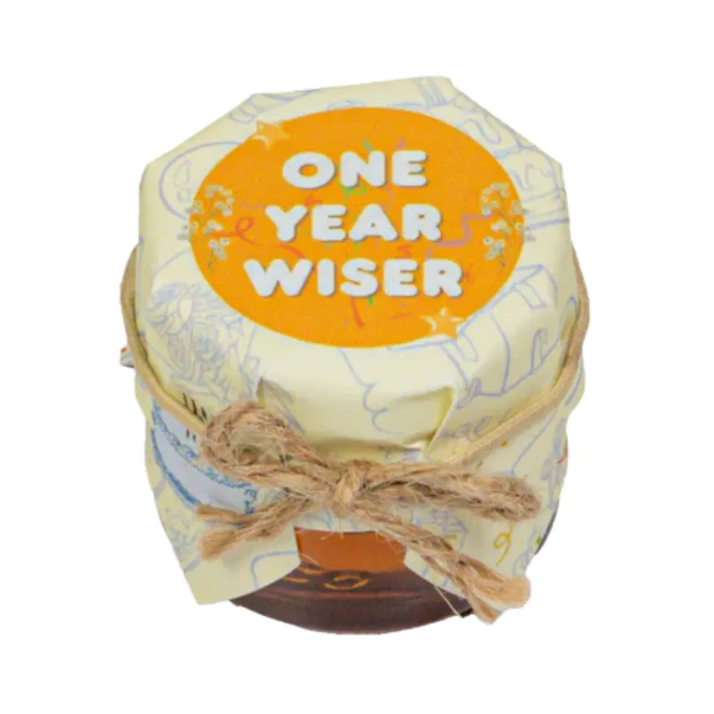 HoneySpree One Year Wiser mini honey jar, small decorative jar with golden honey