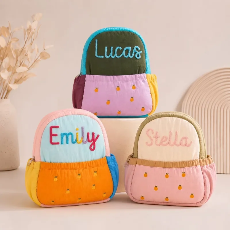 MamaRaya Personalized Kids Mini Backpack with color-block design and custom name