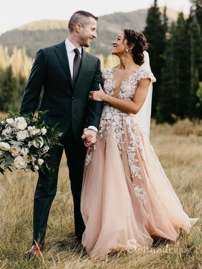 Selinadress A-line Bateau Rustic 3D Floral Lace Wedding Dress, bridal gown with beaded detail and sweep train