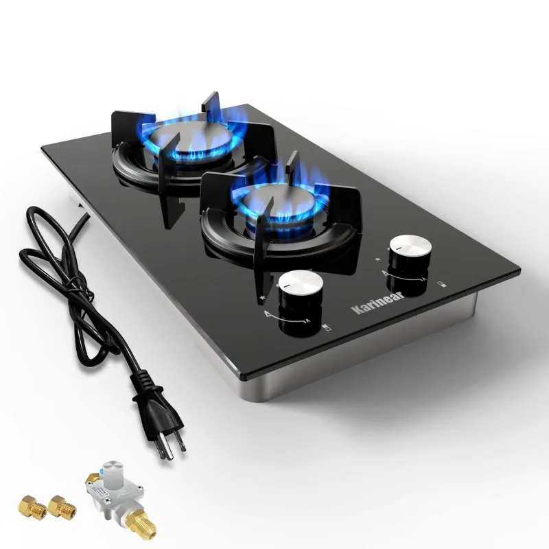 Karinear Appliances 12 Inch 2 Burner Glass Gas Cooktop, glass surface with dual burners and front knobs