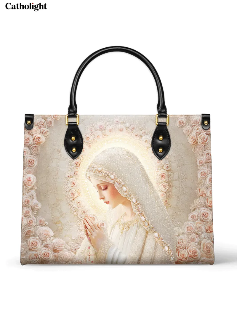 Catholight Rose Halo Devotion Leather Bag with Virgin Mary in prayer and pink rose halo